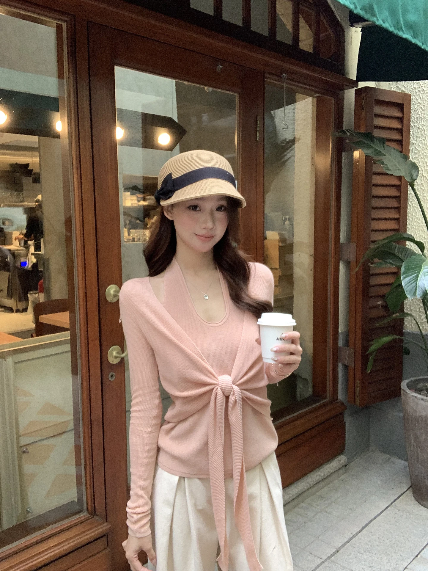 

Slim Fit Knitted Sweater Women's Pink Korean Sle Spring Faion Top Layered Design Comfortable Rell Fabric U-Ne Long Sve