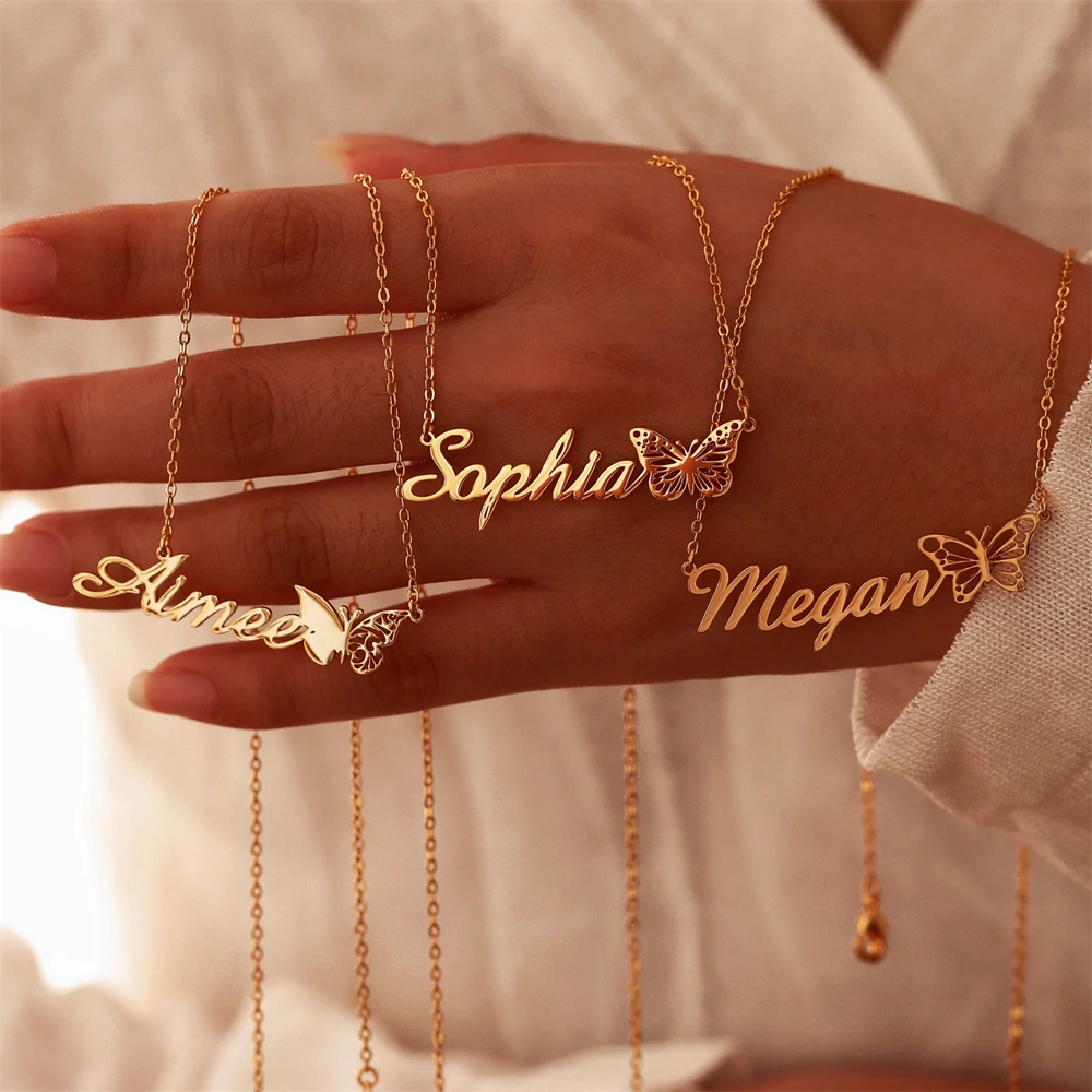 Gold Color Personalized Name Necklace 12 Month Birth Butterfly Choker Necklaces for Women Birthday Gifts Custom Jewelry Collar