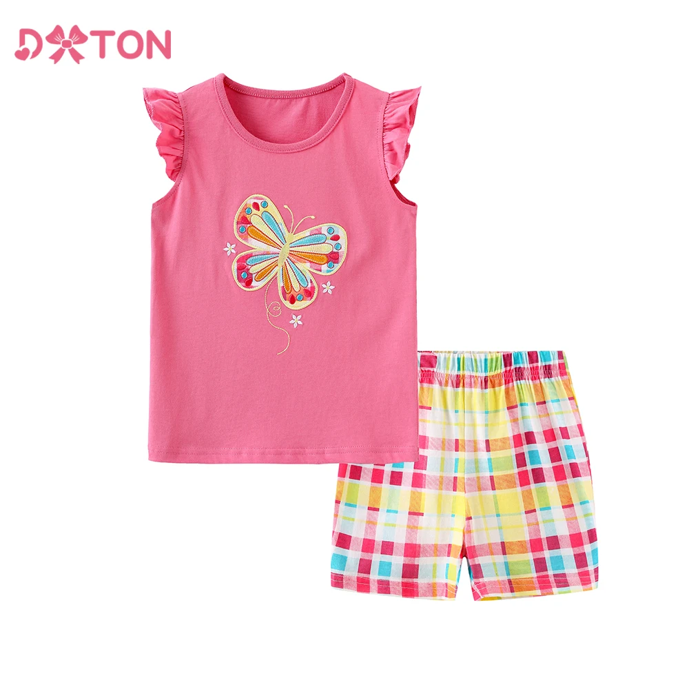 

DXTON Children's Set 2-piece Ruffled Sleelveless Top+plaid Shorts Butterfly Print Outer Wear Summer Girls Casual Clothing Suit