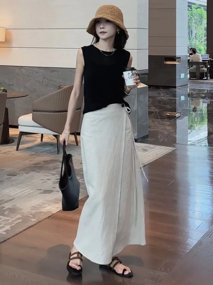 กระโปรงทรงเอเอวสูงความยาวปานกลางสำหรับผู้หญิง สไตล์ลำลองช่วงฤดูร้อน ช่วยให้ดูผอมเพรียว ดีไซน์ผูกเชือก ผ้าลินิน ผ่าข้าง เหมาะสำหรับใส่ทำงาน