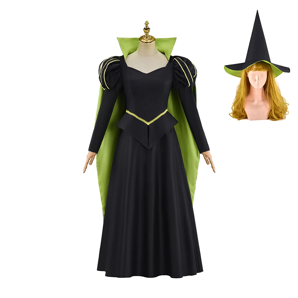 

Witch Elphaba Cosplay Costume Black Dress with Green Stand-up Collar Attached Green Cape Full Set Halloween Carnival Outfits
