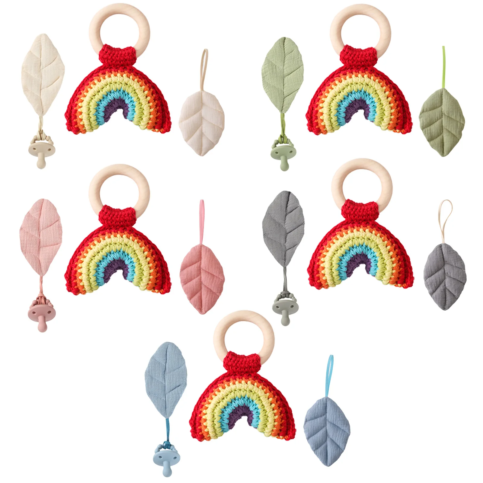 ベビーおもちゃ 新生児用かぎ針編みレインボーガラガラ3点セット、シリコンおしゃぶりと布製リーフおしゃぶりクリップ、赤ちゃん歯固めおもちゃ