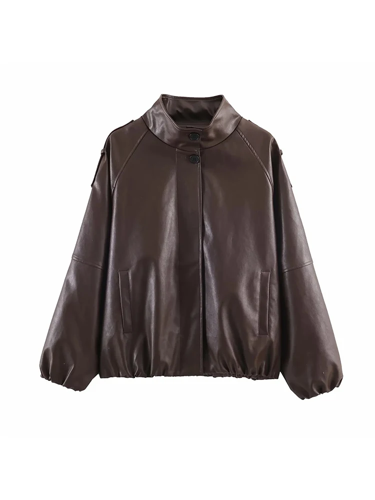เสื้อแจ็คเก็ตผู้หญิง แฟชั่น ทรงหลวม หนังเทียม PU กระดุมแถวเดียว สไตล์หรูหรา สำหรับใส่เดินเล่น