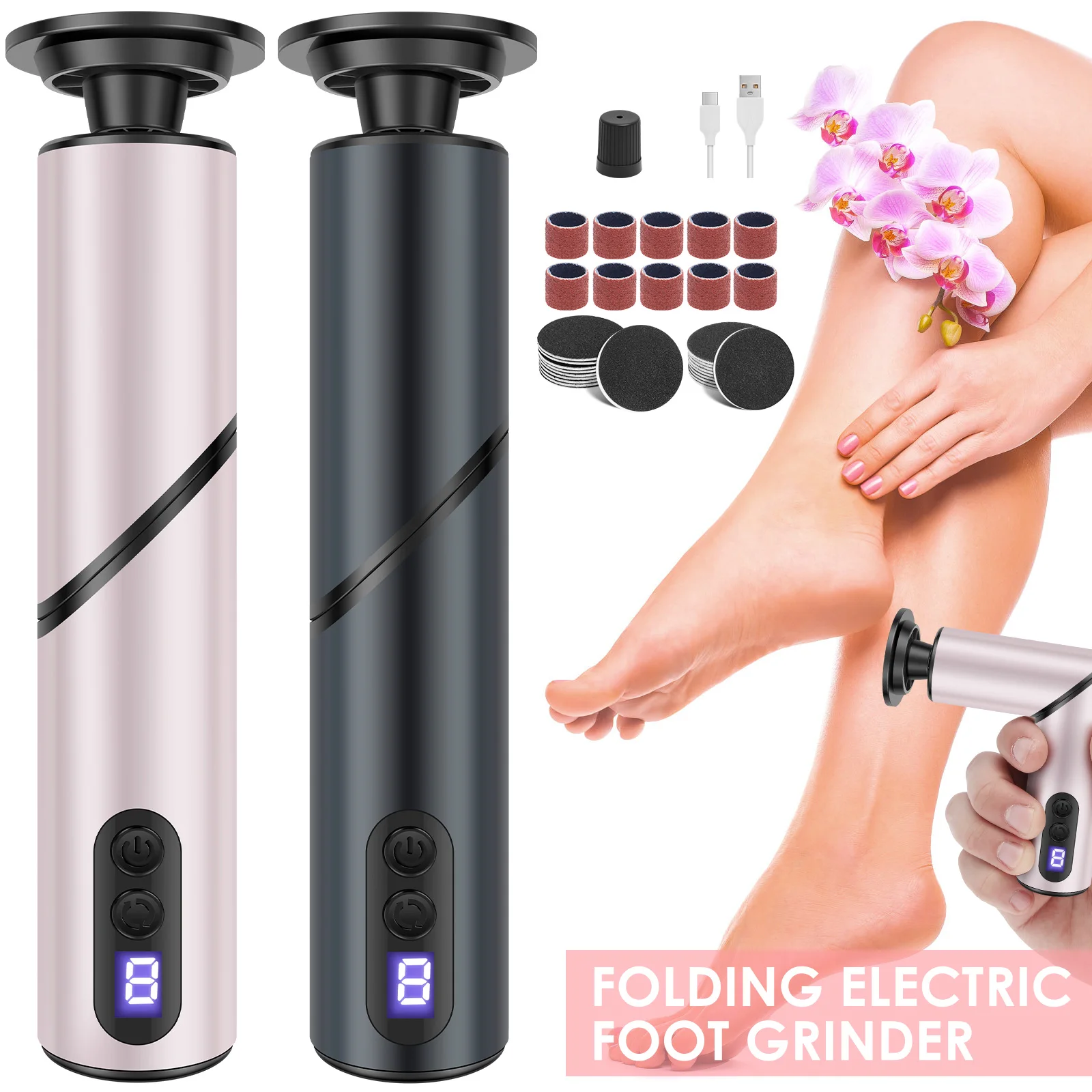 Elektrischer Hornhautentferner, faltbares Pediküre-Werkzeug mit Schleifpapier und Schleifkopf, verstellbare 9-Gang-Fußfeile, Hornhautentferner