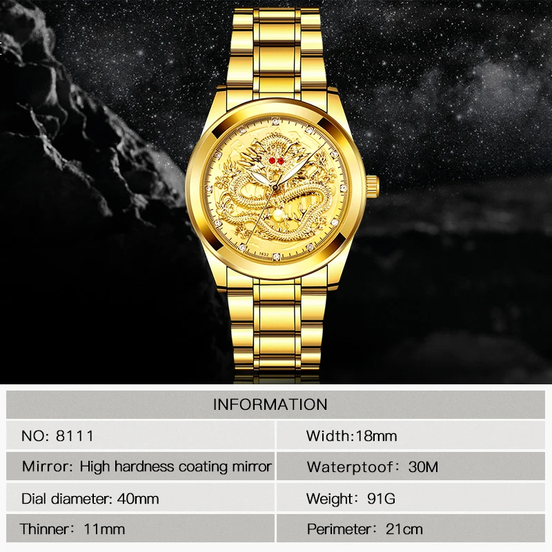 Opk gold quarzuhr für männer leuchtende wasserdichte luxus mode drachen uhren edelstahl armband herren kleid armbanduhren