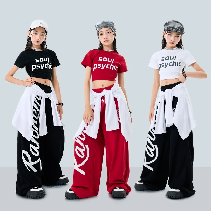 Cool Meisjes Jazzdans Outfit Kpop Stage Performance Kostuum Crop Top Rode Shuffle Broek Zwart Hip Hop Set Kinderen Street Wear 2083