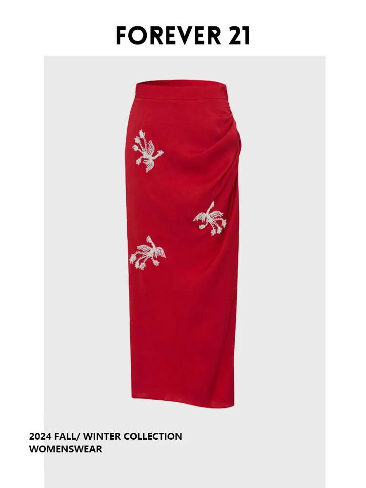 Falda larga de media pierna Forever 21 de la serie Spring, con diseño de perlas y pájaros, fruncida lateralmente, roja, de pierna recta, estilo para ir al trabajo, de otros materiales.