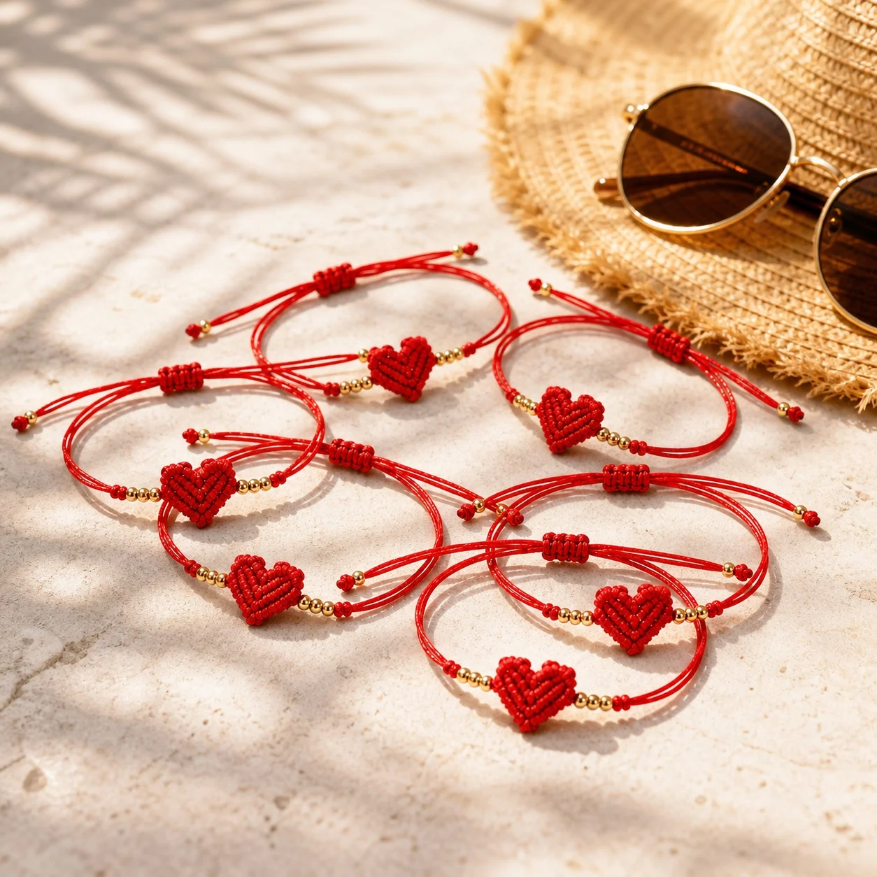 6pcs Red Heart Silk Yarn Cord Bracelet with Copper Beads Adjustable Tie Closure Sweet Romantic Beach Style for Couples