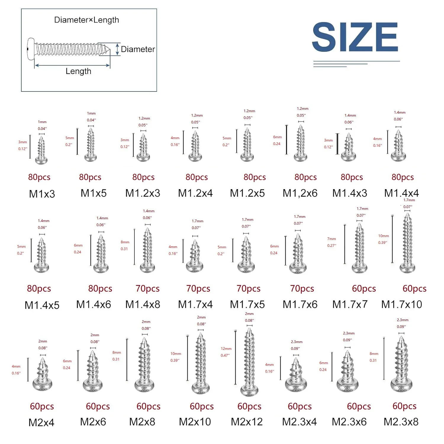 1680PCS Box Mini Self Tapping Screw Set M1 M2.3 for Eyeglass Repair