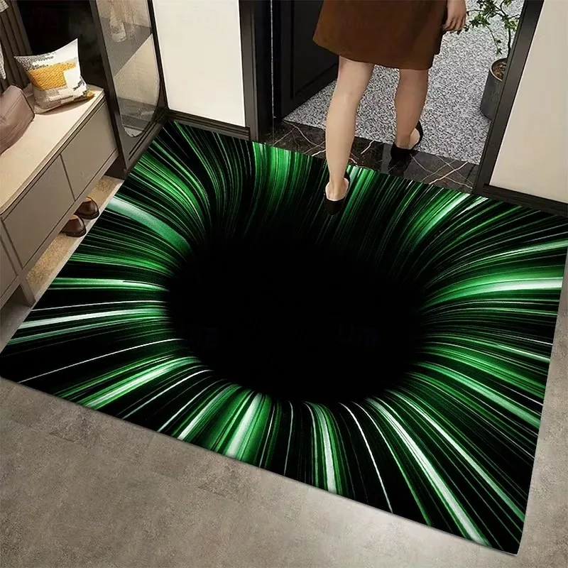 3D Optical Illusion Doormat Green Vortex Tunnel Design 2D Flat Print  Welcome Mat Stunning Modern Entryway Accent Rug