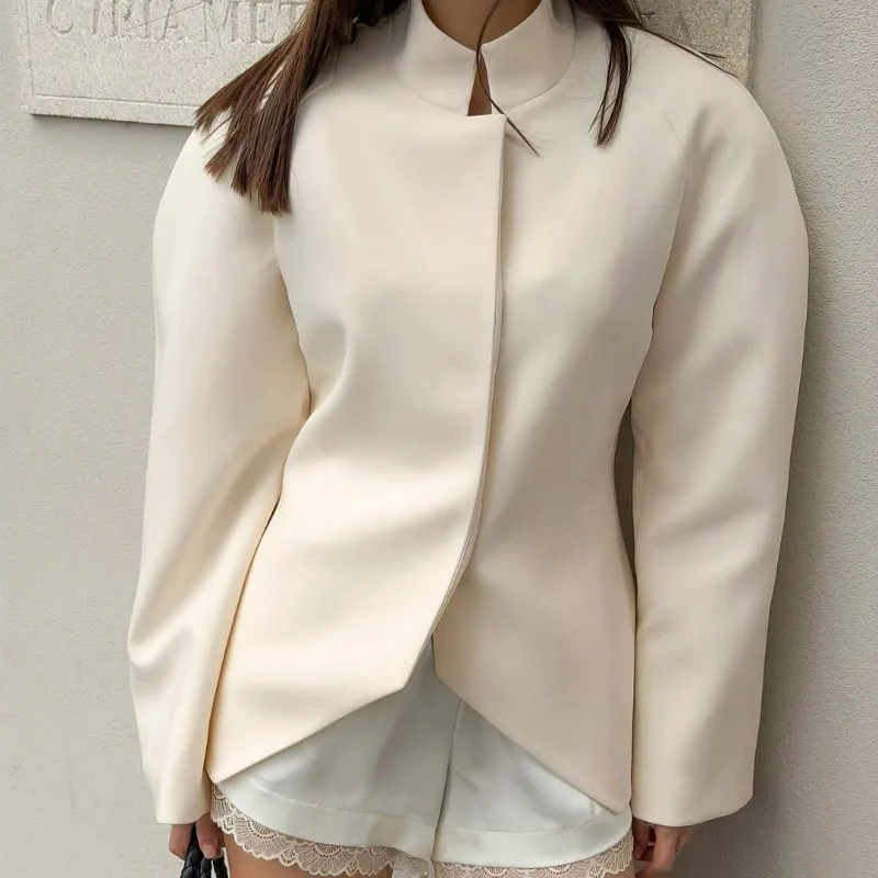 Autumn Apricot-colored New Chinese-style Short Jacket Women Standing Collar Cinched Waist Irregular Slit Hem Slimming Commuter