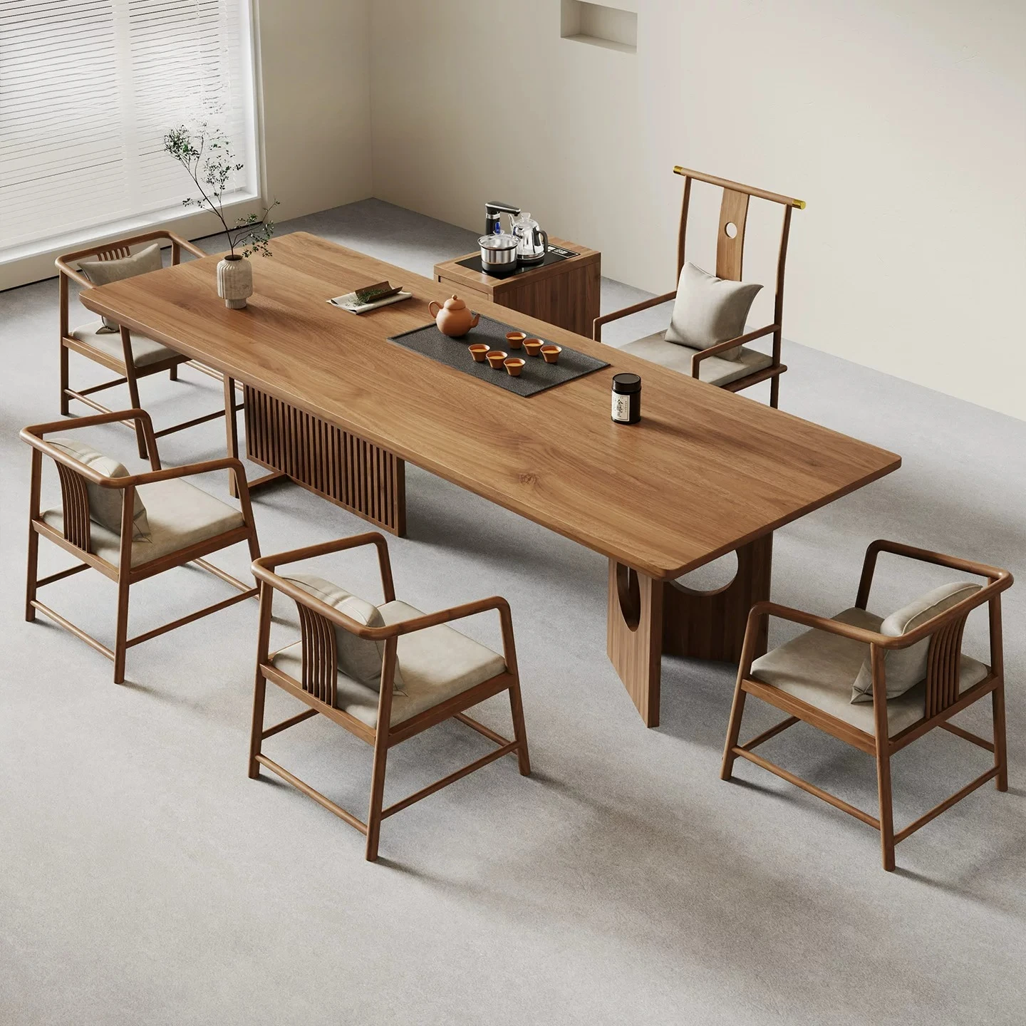 Solid wood large board tea table  and chair combination office  log modern integrated