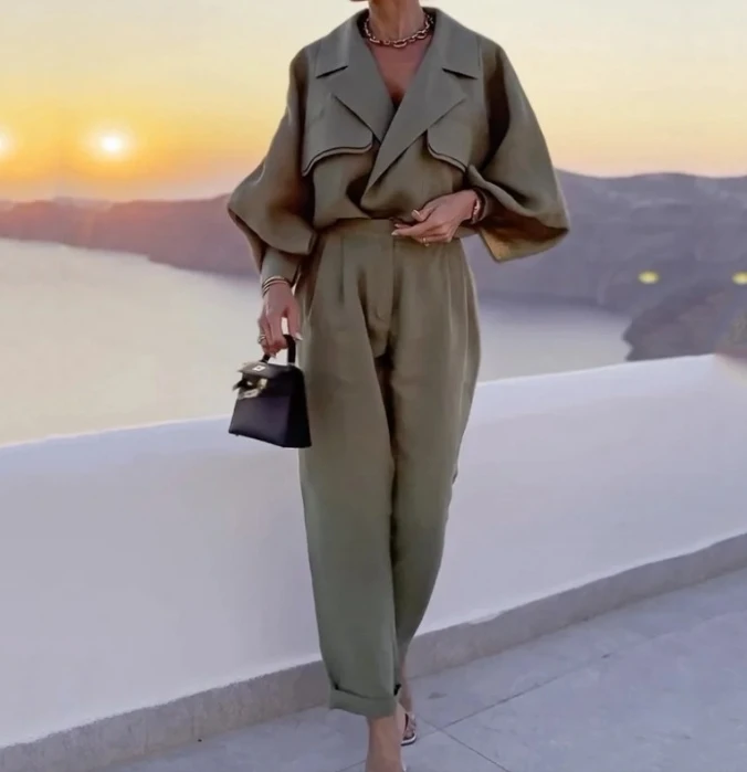 Set Woman 2 Pieces Elegant 2024 Temperament Commuting Lapel Casual Long Sleeved Top and Minimalist Pockets Long Pants Set