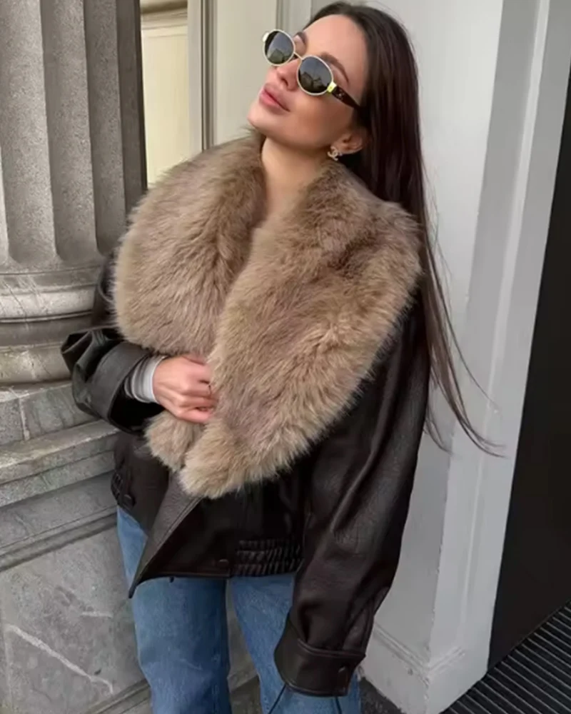 Women's Faux Leather Jacket Detachable Collar Black Oversize Coat for Women Autumn Winter Lady Jacket Casaul Chic Women Outwear