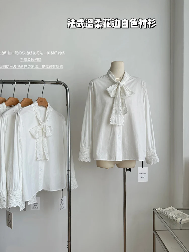

Retro French Gentle Lace White Shirt Top Autumn New Women Casual Blouse Office Lady Top Chic Design