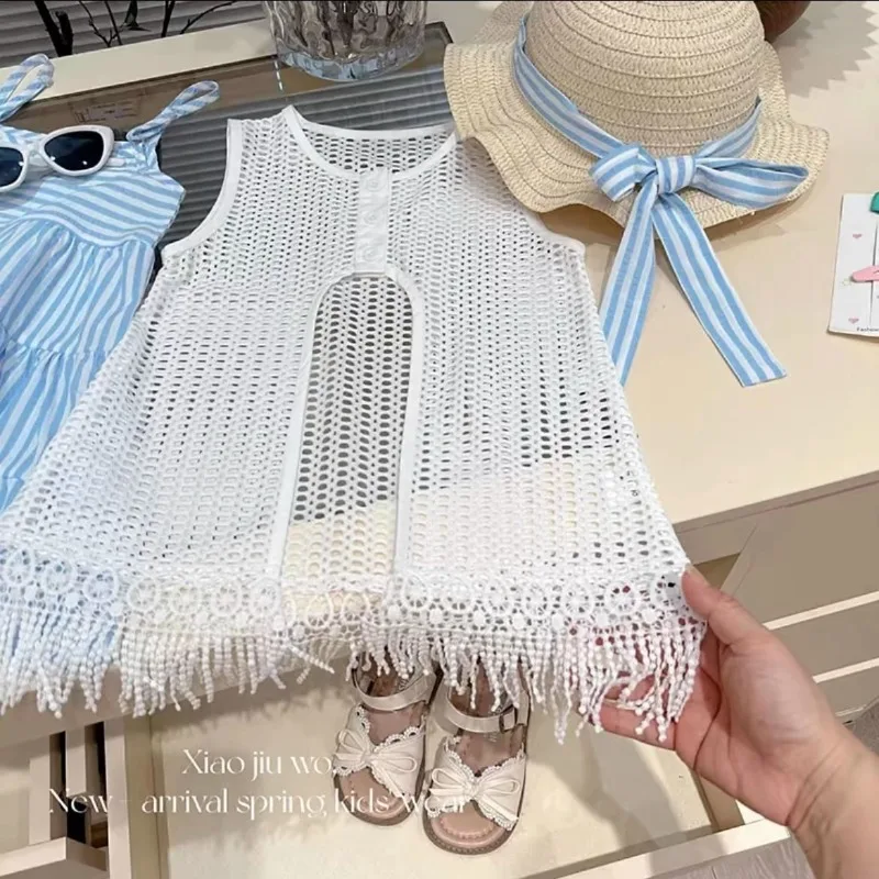 2026 Summer New Childrens Fashion Vacation Set Girls Hollow Tassel Cardigan Striped Camisole Skirt Two Piece Set