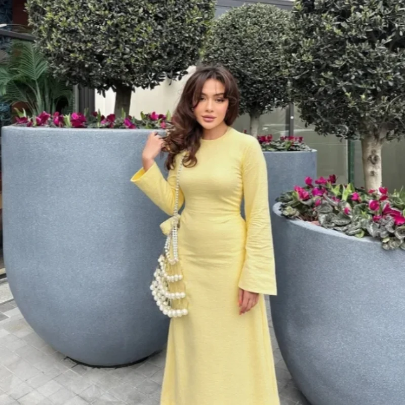 

Women' Dresses O-neck Cotton Lined Back Lace Up Flare Sleeve Waist Cinching Long Robes Female Elegant 2025 Summer Lady Dress zz