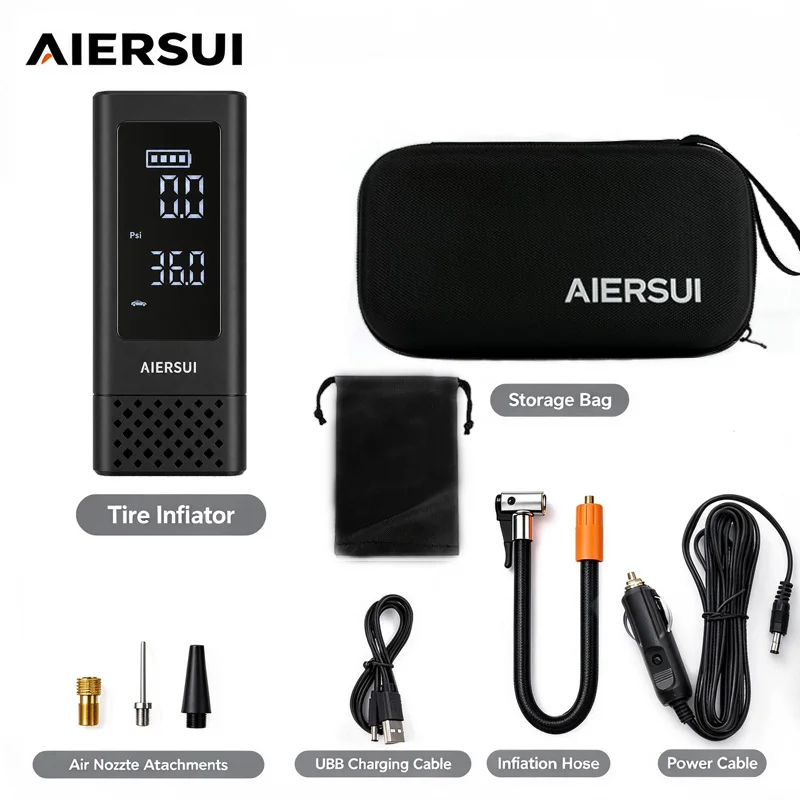 AIERSUI 808 Portable Tire Inflator Air Compressor with LED Light, 150PSI 80W Wireless Air Pump with Hard Storage Case for Car