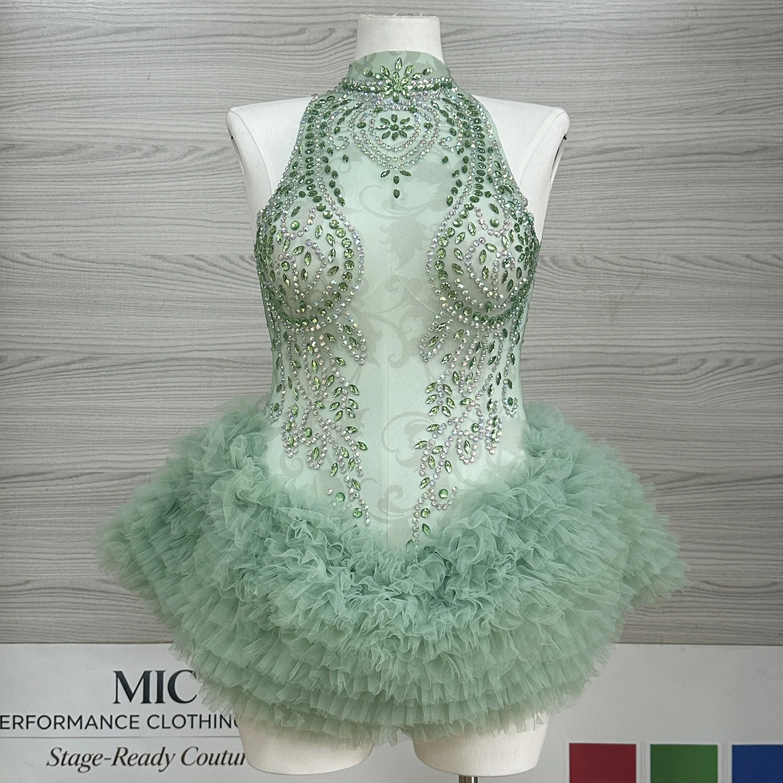 Performance Rhinestone Green Crystal Bodysuit Women Halter Sheer Mesh Tulle Layered Ruffle Stage Dance Costume