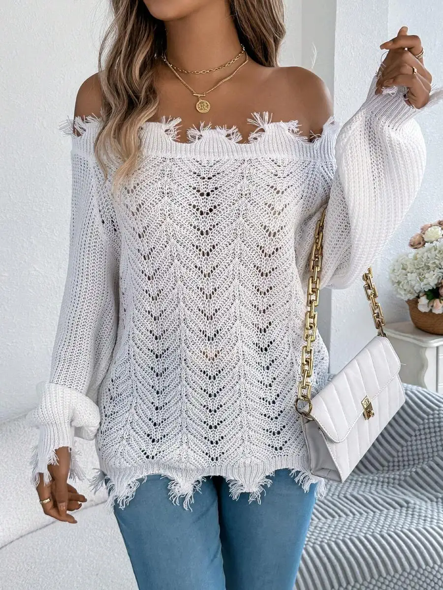 

Women Off Shoulder Solid Frayed Trim Long Sleeve Knit Sweater Casual Fall Winter