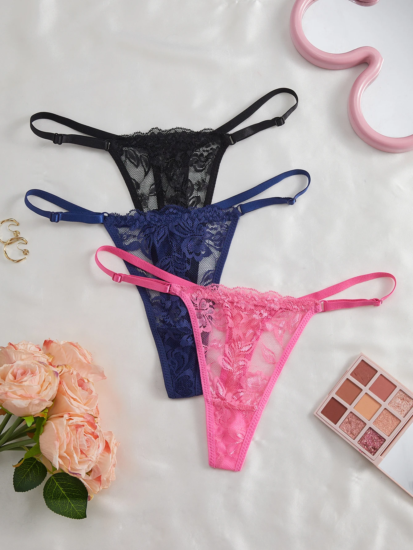 3-teiliges Set Spitzen-Stringtangas für Damen, sexy, verstellbarer dünner Bund, Intimwäsche – Detail 27