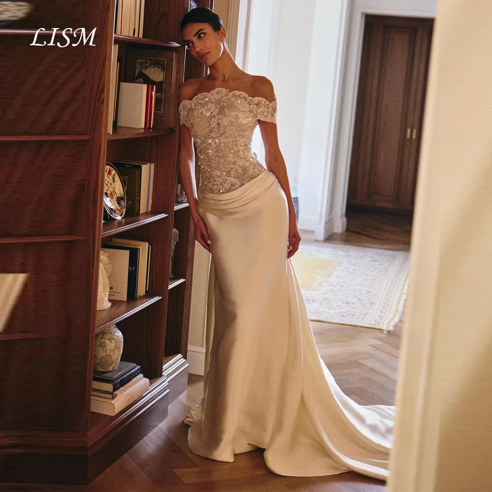 LISM Luxus Off Schulter Meerjungfrau Brautkleider Seide Spitze Satin Elegante Lange Frauen Brautkleider Angepasst robe de mariée