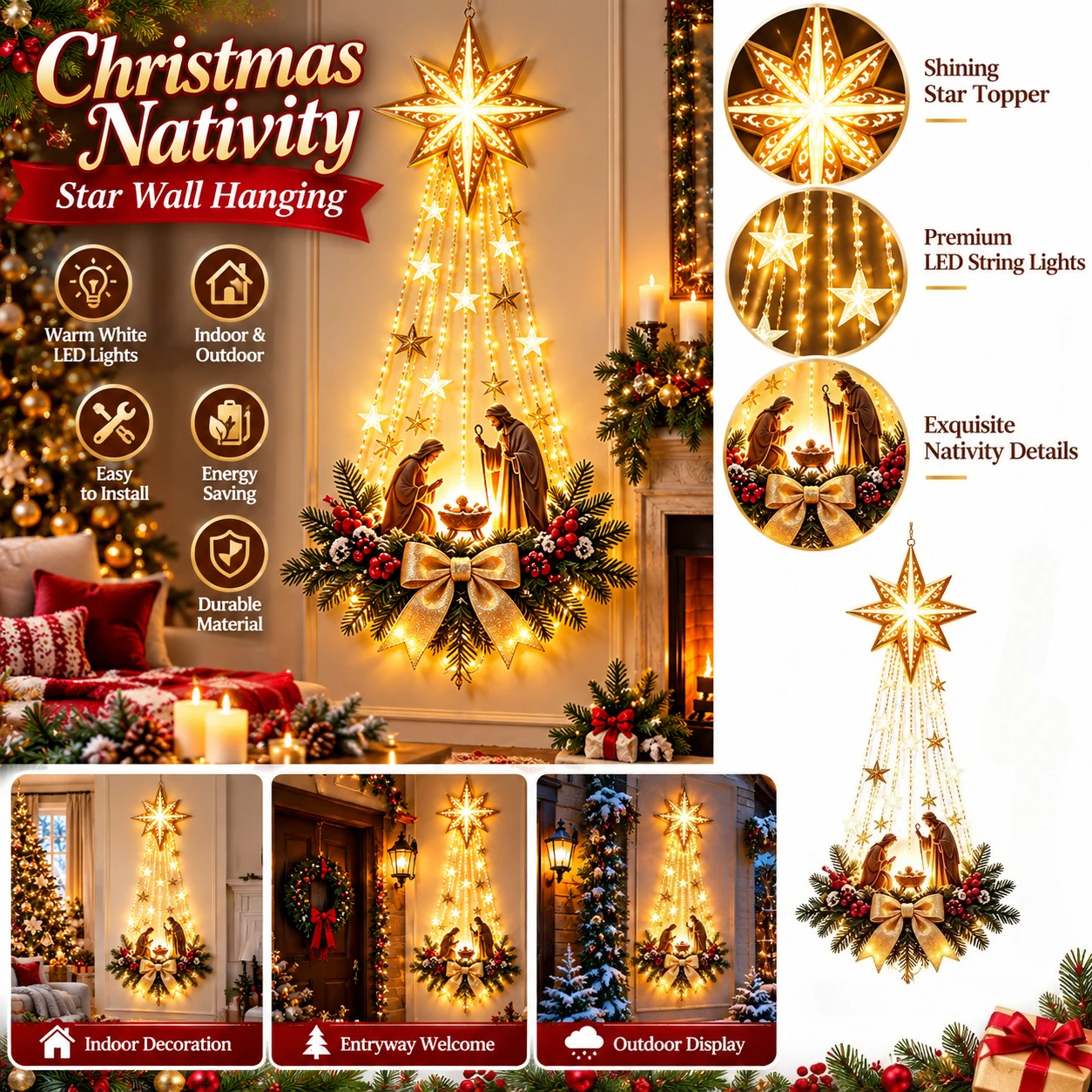 Bethlehem Star of Faith Lighted Nativity Wall Decor Glowing Christmas Decoration Hanging Ornament Lights for Indoor Illuminated