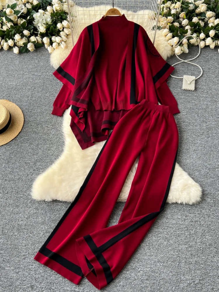 Sweater Shawl Scarf Three Piece Set Women Winter High Neck Knitted Sweater Top High Waist Casual Wide Leg Pants Elegant Outfits