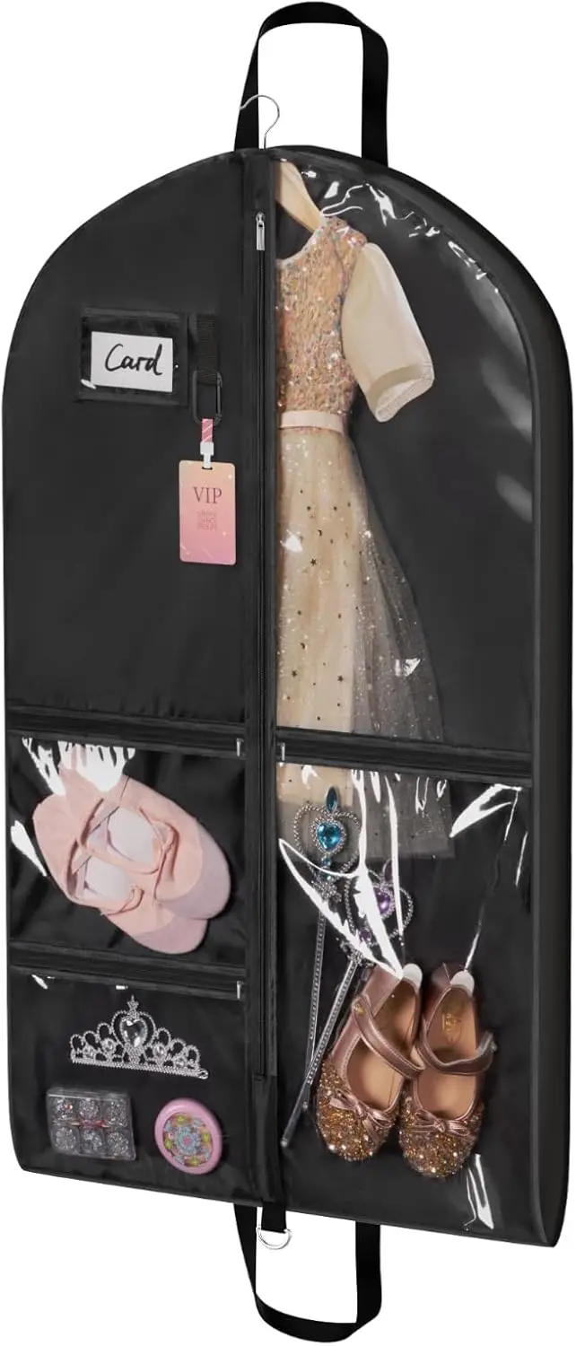 

40" Waterproof Hanging Bag for Kids, 5 Clear Pockets, Black, Travel Clothes Bag for Costumes & Sports