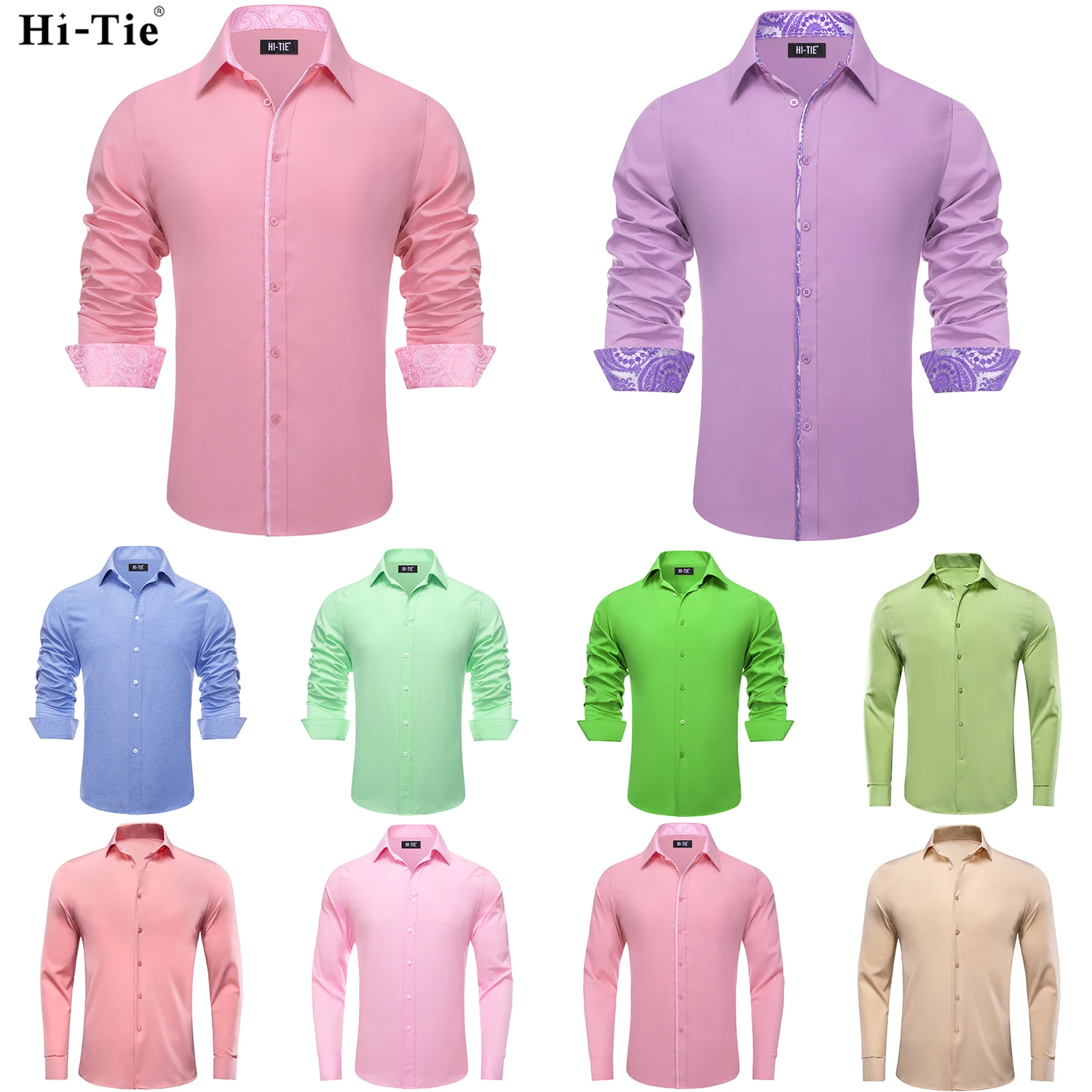 Hi-Tie Jacquard Lilac Voilet Solid Mens Silk Shirts Long Sleeve Lapel Shirt Blouse Outerwear Wedding Office Breathable Quality