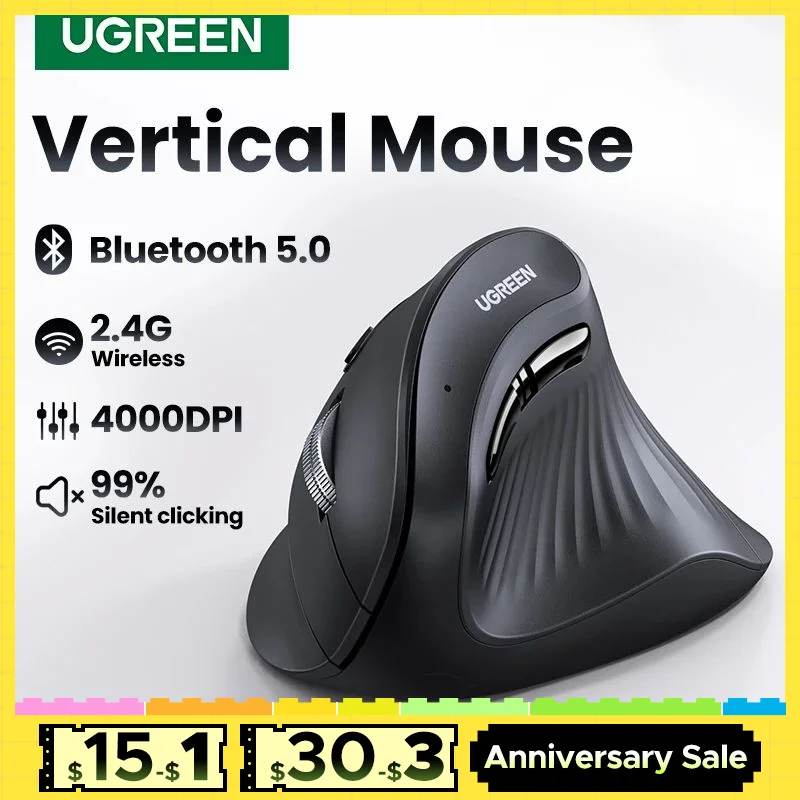 UGREEN-ratón Vertical inalámbrico con Bluetooth 5,0, 2,4G, ergonómico, 4000DPI, 6 botones de silencio, para MacBook, Tablet, ordenadores portátiles,