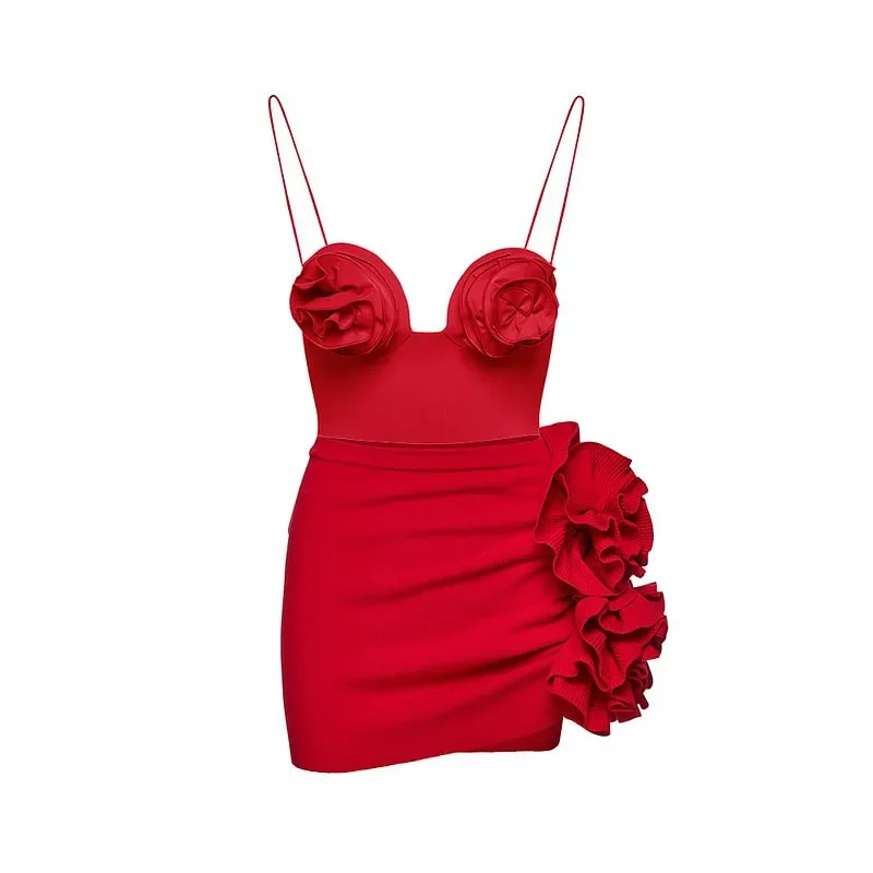 

Women's Sexy 3D Flower One Piece Swimwear Skirt, Vintage Push Up Swimsuit, Solid Red Beachwear, Summer Bathing Suit Dress
