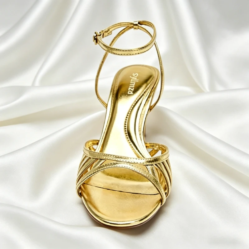 Sexy Gold Ankle Strap Heeled Sandals Women 2026 Summer Round Toe Hollow Design Luxury Heels for Ladies Elegant Party Dress Shoes view 3