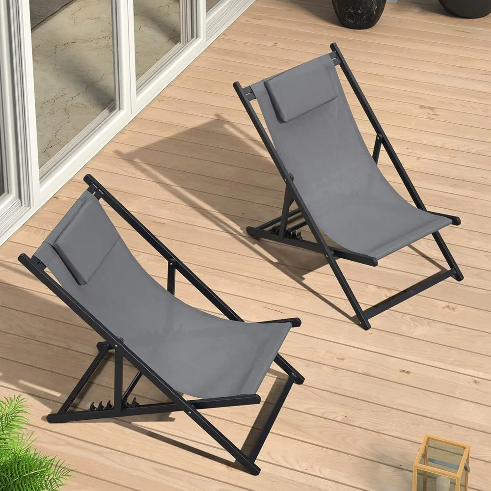 

Outdoor Reclining Lounge Chairs Set of 2 Patio Sling Chairs Adjustable Folding Desk Chairs with Aluminum Frames and Cushione