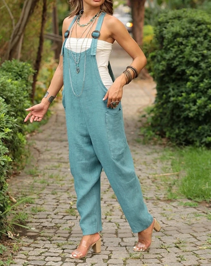 Women Jumpsuit 2024 Spring/summer Latest Urban Style Asymmetric Neck O-Ring Decor Crisis Cross Suspender Romper Pocket Bodysuit