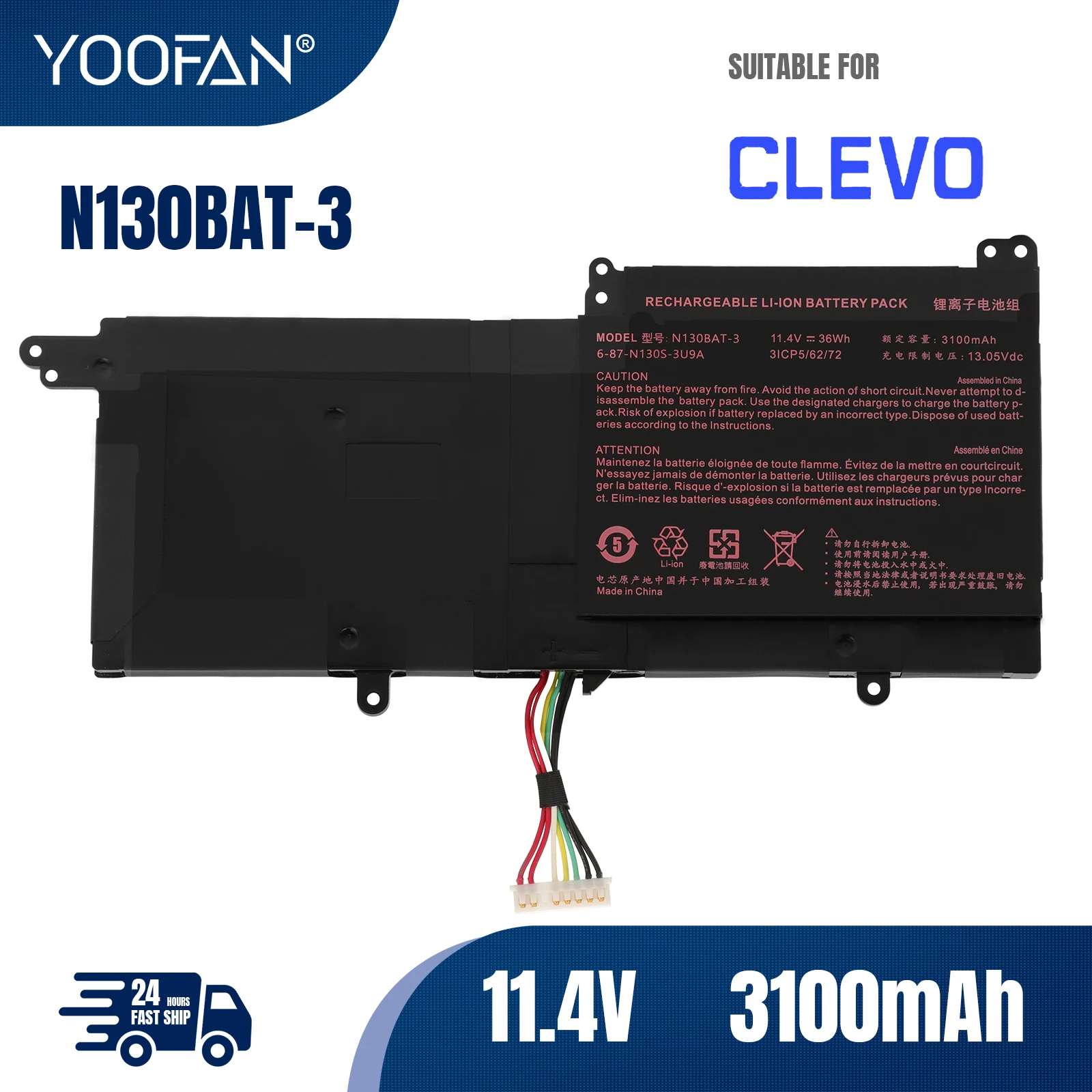 YOOFAN 11.4V 36WH N130BAT-3 Battery for CLEVO N130BAT-3 6-87-N130S-3U9A N130BU 130WU N131BU N131WU NP3130 Pro 13 14 N130BU