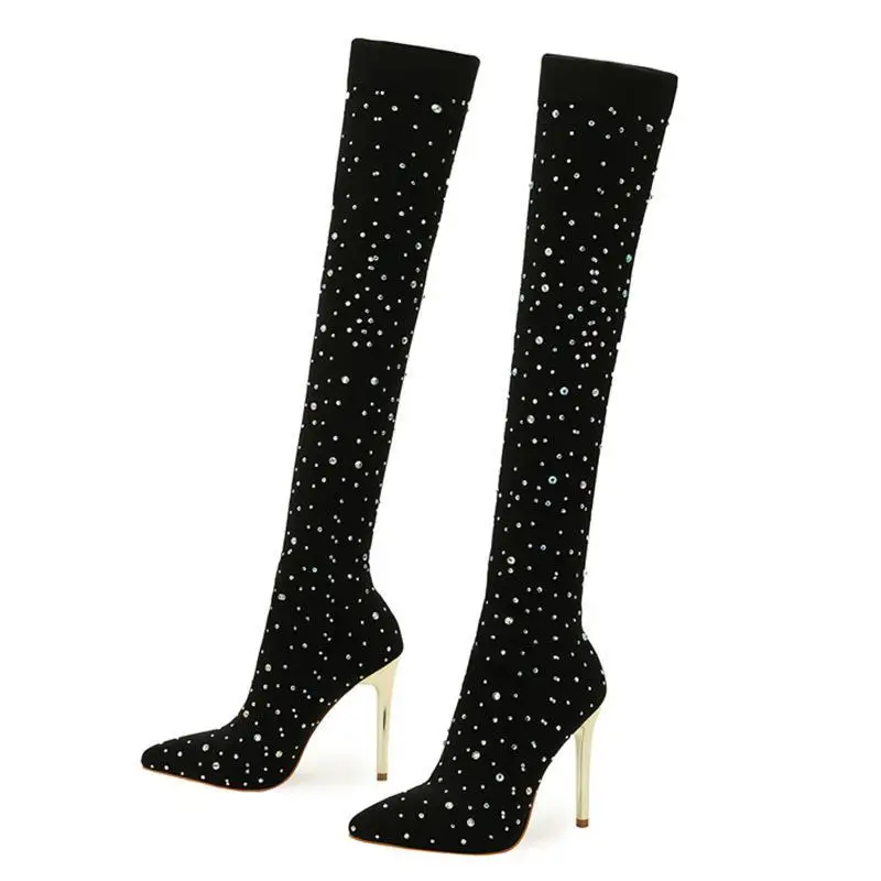 Botas elásticas de estilo europeo y americano para mujer, botines con diamantes de imitación decorativos, puntiagudos, tacones altos finos, por encima de la rodilla, 1 par