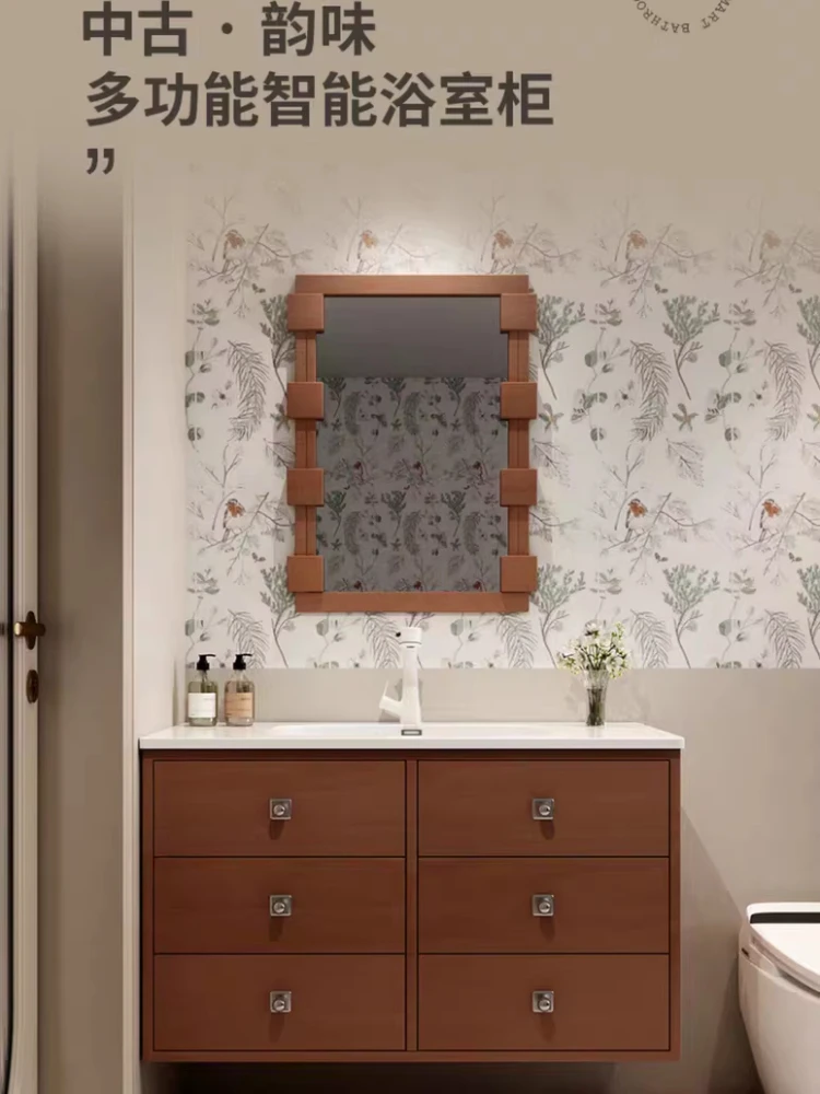 

Тумба для ванной из массива дерева в средневековом стиле с интегрированной раковиной из каменной плиты, изготовленной методом горячей гибки