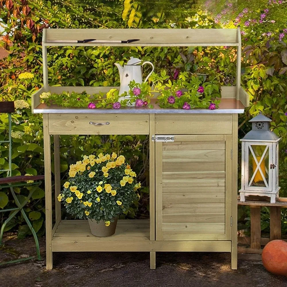 Garden Potting Bench Potting Table ACQ Lumber Wood Outdoor Work Station Work Bench Planting with Cabinet & Drawer & Top Shelf