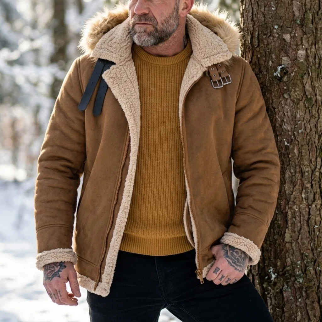 2026 Men's Faux Suede Fur Fleece Hooded Jacket Warm Casual Hiking Coat S-5XL Outdoor Winter Outerwear Soft Man's Winter Jackets