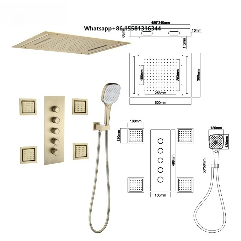 Luxury Concealed Shower Set Waterfall Overhead Shower Ceramic Solid Brass Brushed Gold Finish Suitable for Hotel Villa Bathrooms
