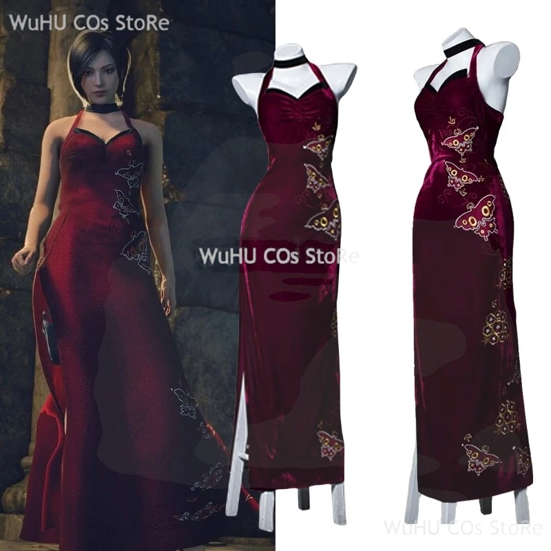 

Female Resident 4 Ada Wong Cosplay Costume Evil Cheongsam Embroidery Dress Red Ada Wig Halloween Carnival Disguise Suit Women