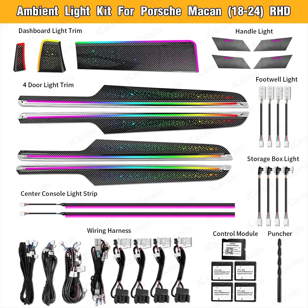

Обновленный светодиодный светильник для салона автомобиля Symphony для Porsche Macan 2014-2024, аксессуары для украшения атмосферной полосы RHD