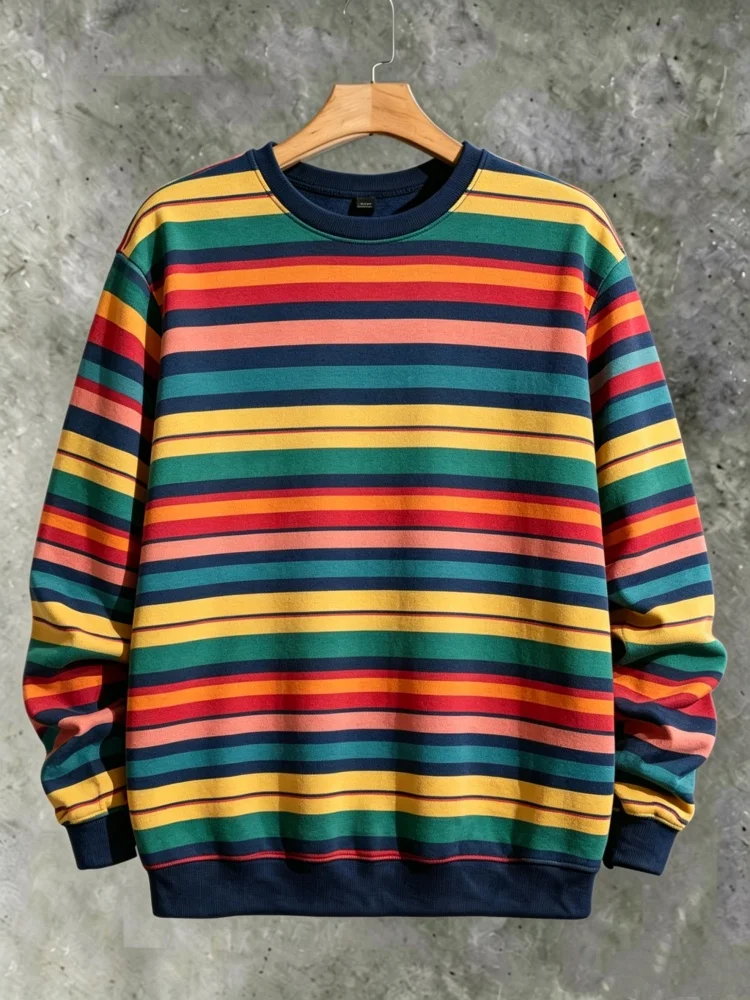 Men's Crewneck Sweatshirt Vintage Rainbow Striped Long Sleeve Color Block Pullover with Ribbed Hem
