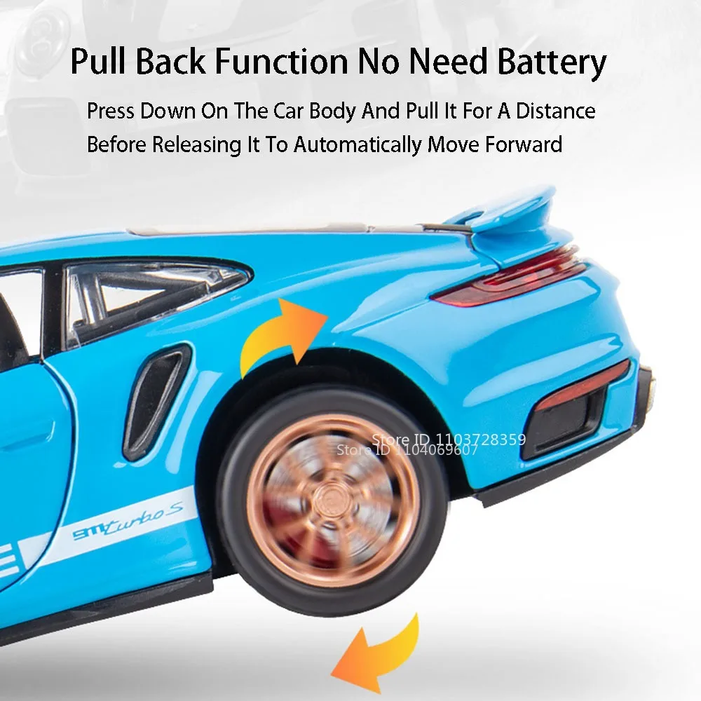1:32 Scale 911 Turbo S Sports Car Model Toys Alloy Diecast Miniature Supercars Sound Light Doors Opened Pull Back for Kids Gifts