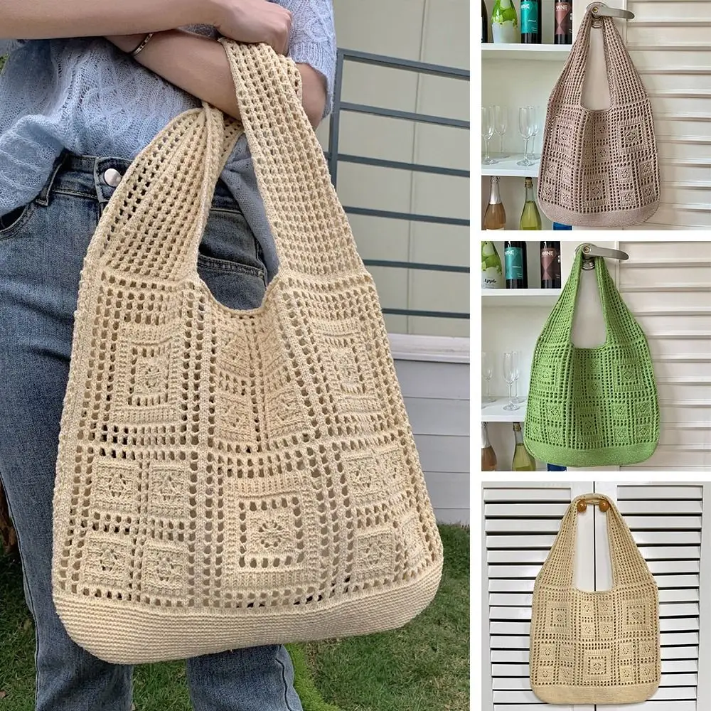 Women Large Capacity Hollow Knitting Handbags Crochet Bag Shoulder Bags Shopping Tote