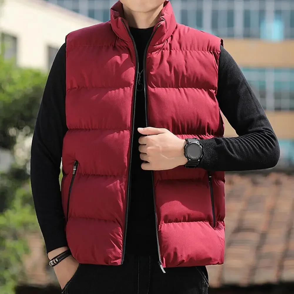 Autumn Winter Men Cotton Vest Thick Warm Men\'s Padded Stand Collar Vest Coat Windproof Vests Zipper Pockets Sleeveless Jacket