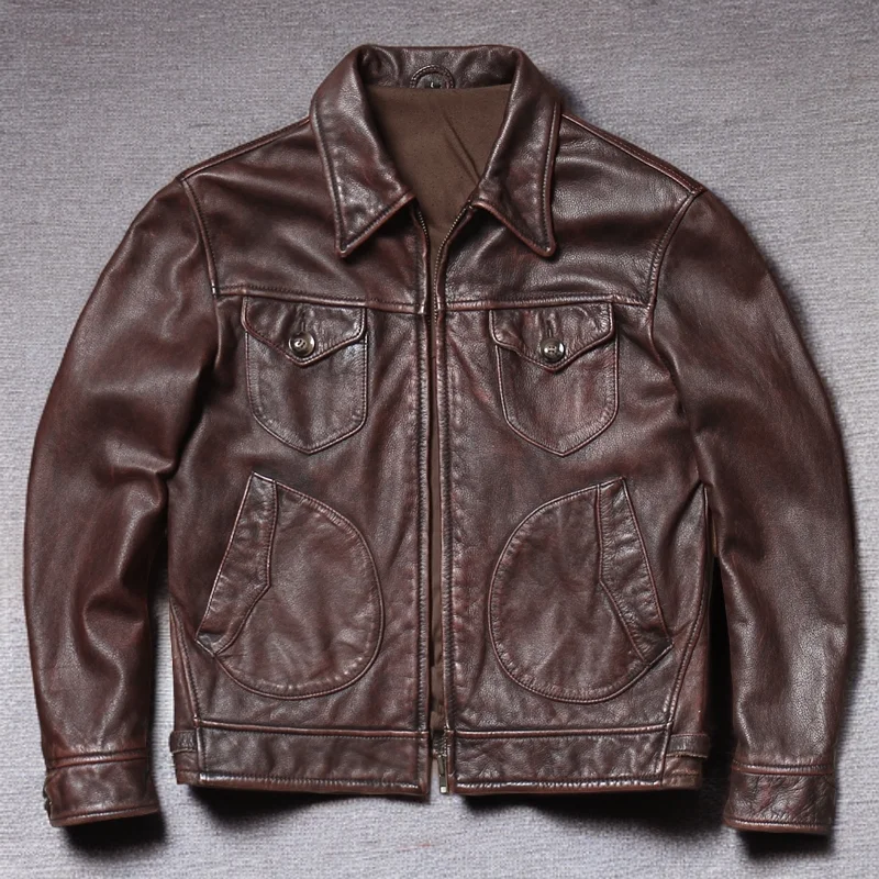 

Urban Baron Men's Faion Ci Sle Tea Core Cowhide Leather Jaet Worn Stone Rubbing Color Top Layer Cowhide ort Coat