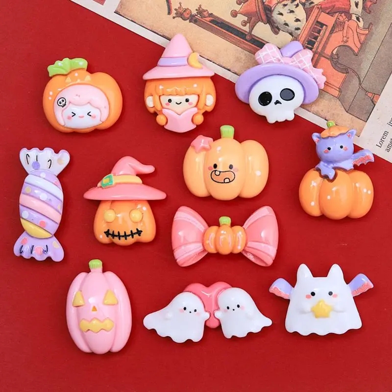 10Pcs New Cute Halloween Pumpkin Ghost Cat Series Flat Back Resin Cabochons Scrapbooking DIY Jewelry Craft Decoration Accessorie