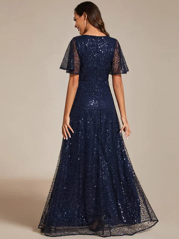 Ever Pretty 2024 Shimmering All Over Sequin V Neck Short Sleeves A-Line Formal Evening Dress